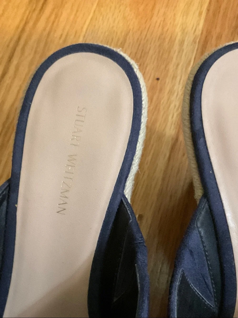 Stuart Weitzman Navy Suede Open-Toe Espadrille Mules